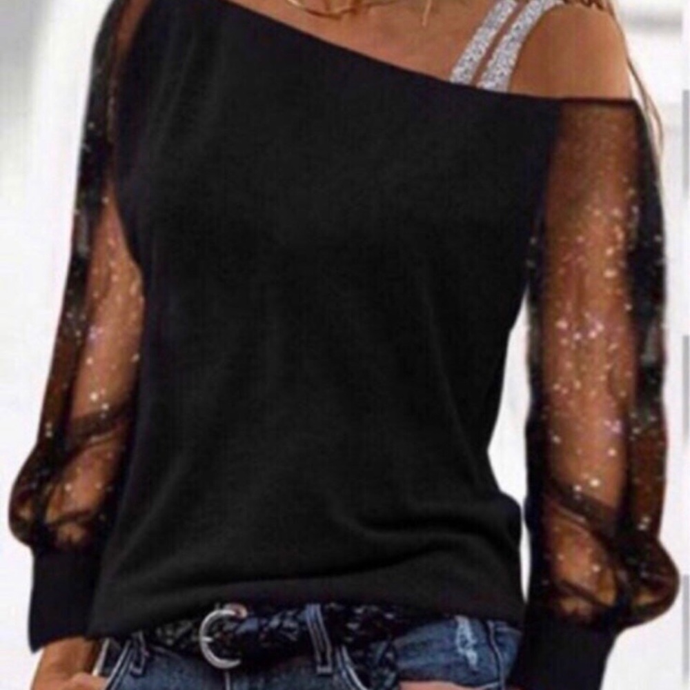 Black Off Shoulder Womans Shirt Transparent sleeves